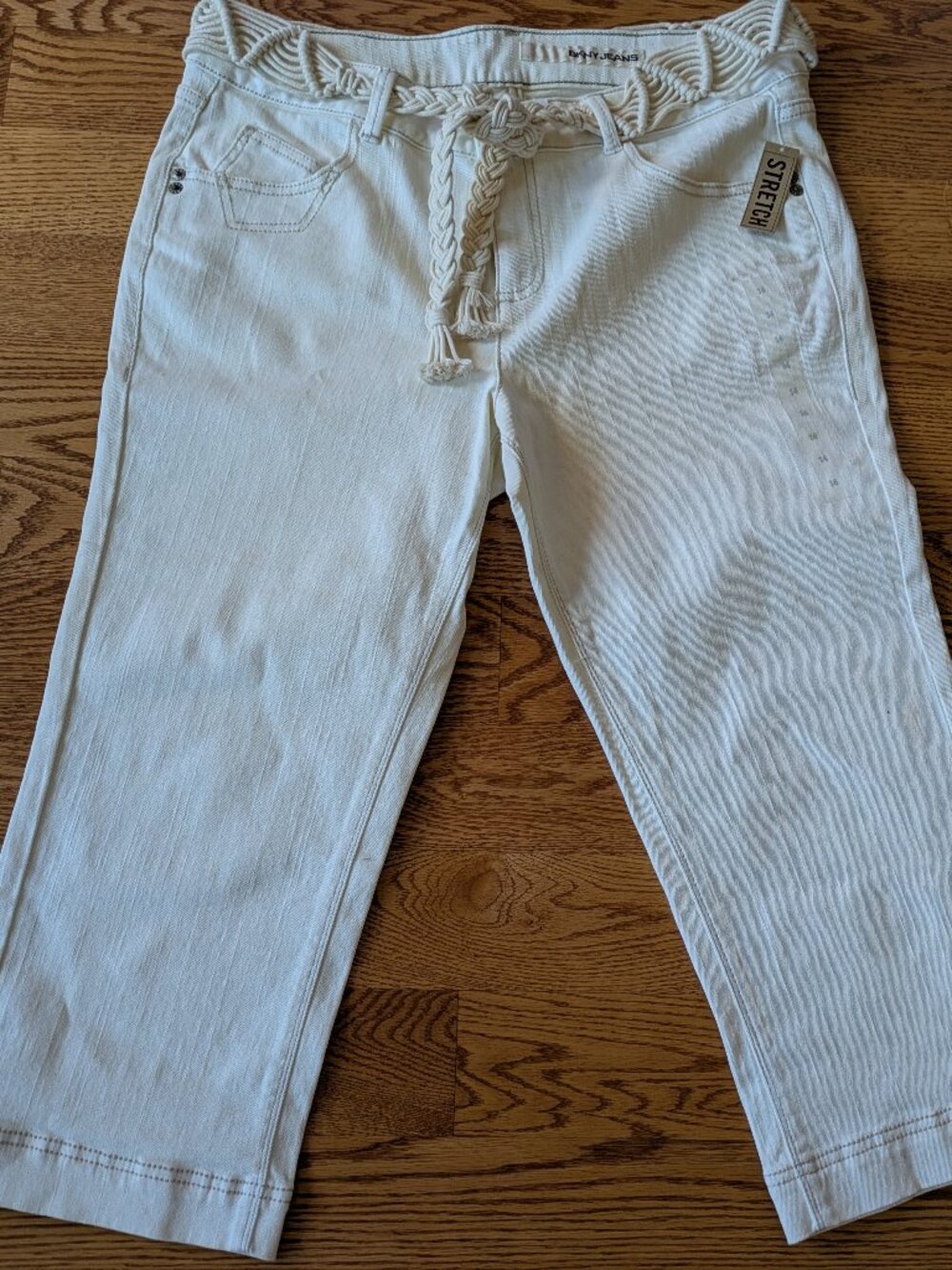 Vintage DKNY NWT ivory jean capris with stretch rope belt size 14 #758